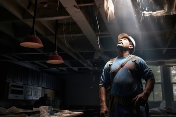 a kitchen with signs of ceiling leakage, a worker, protected with a hard hat and tool belt, looks upwards towards a hole in the ceiling - obrazy, fototapety, plakaty