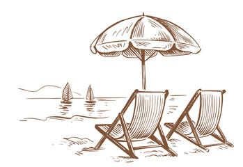 Beach chair with umbrella. Vintage drawing.