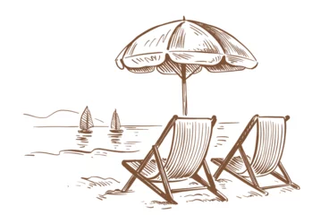 Foto op Canvas Beach chair with umbrella. Vintage drawing. © bioraven