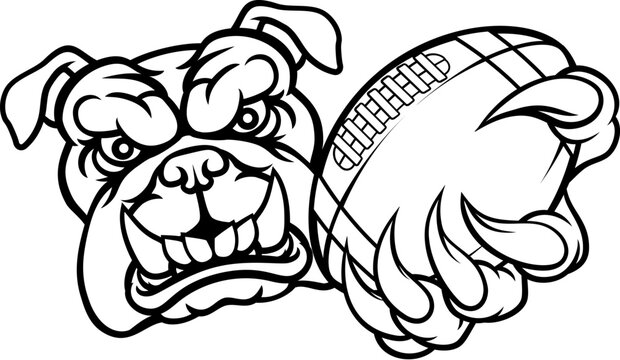 A bulldog dog animal sports mascot holding American football ball