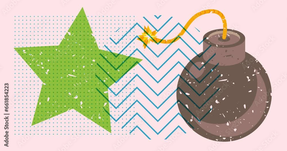 Poster risograph bomb with geometric shapes animation. moving object in trendy riso graph design.