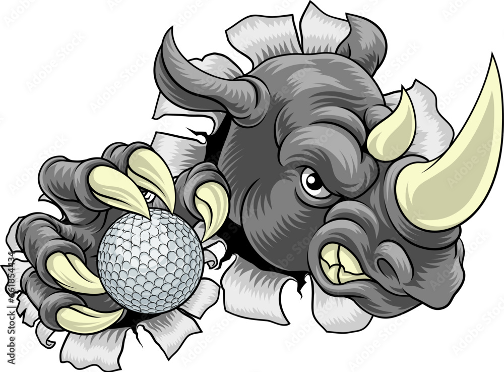 Wall mural a rhino rhinoceros mean tough cartoon sports animal mascot holding a golf ball