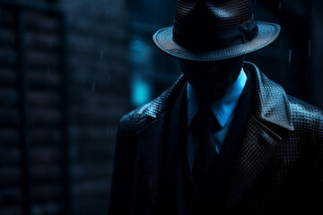 In a dark, anonymous photo concept focused on business term, a man in a mysterious black suit embodies an enigmatic aura.