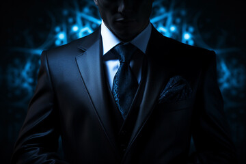 In a dark, anonymous photo concept focused on business term, a man in a mysterious black suit embodies an enigmatic aura.