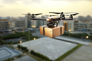 a logistic drone flying up and holding a big paper derlivery box on sky - obrazy, fototapety, plakaty