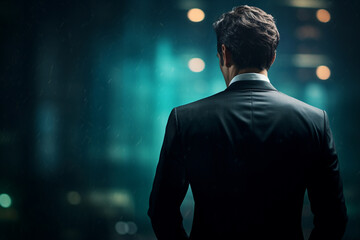 In a dark, anonymous photo concept focused on business term, a man in a mysterious black suit embodies an enigmatic aura.