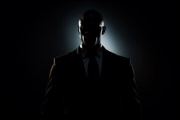 In a dark, anonymous photo concept focused on business term, a man in a mysterious black suit embodies an enigmatic aura. - obrazy, fototapety, plakaty