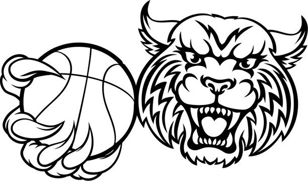 A wildcat bobcat cat cougar animal sports mascot holding basketball ball