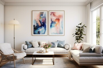 Contemporary art on display in stylish home with a 3D-rendered poster. Generative AI