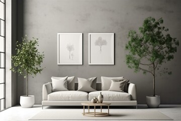 Contemporary living with beige sofa, decorative pillows, potted green tree, concrete floor, empty frames on wall, mockup frame. Generative AI
