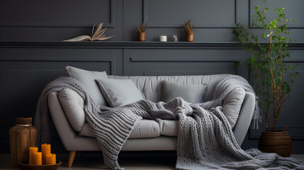 Cozy knitted blanket on a grey sofa in an inviting living room