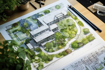 Architectural plans with landscape design on the desk. Top view - obrazy, fototapety, plakaty