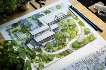 Poster Architectural plans with landscape design on the desk. Top view © netrun78