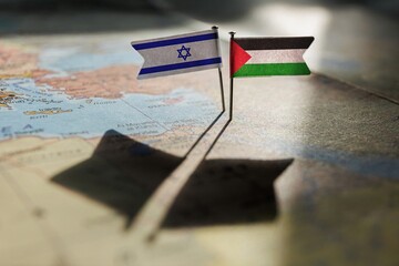 Israel an Palestine flags on geopolitical Map. Gaza strip and West Bank. War conflict