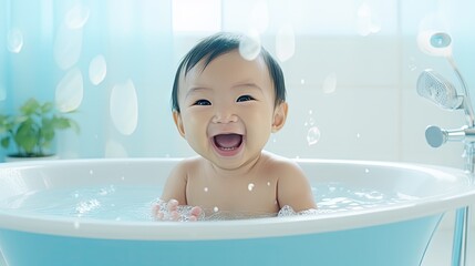 Asian newborn baby taking a bath in the bathroom background.