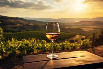 Glass of wine on table against vineyard background, winemaking concept - obrazy, fototapety, plakaty