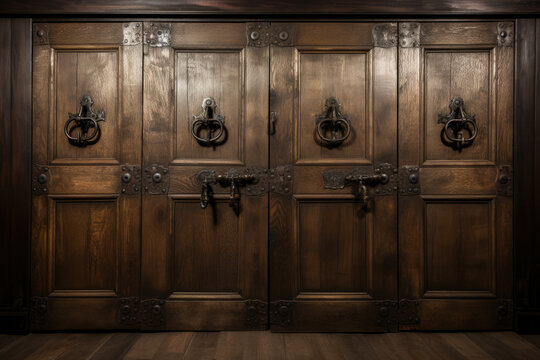 Old ancient wooden gate with locks and bolts