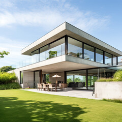 Modern house design featuring a beautiful blend of materials, including concrete, steel and glass.