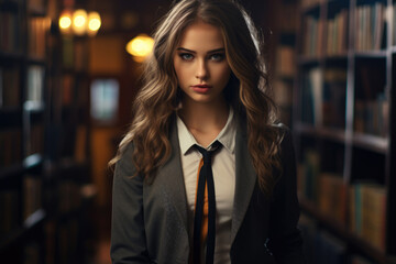 Fototapeta premium Schoolgirl in school uniform in school library