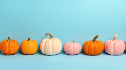 a lot of pastel pumpkins. Banner for autumn seasonal holidays