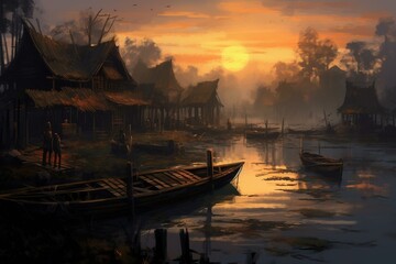 A serene settlement on a river at sunrise. Generative AI