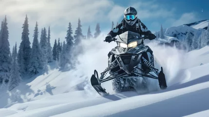 Fotobehang Adventurous rides snowmobiling through snowy terrain © Fly Frames
