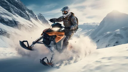 Fotobehang Adventurous rides snowmobiling through snowy terrain © Fly Frames