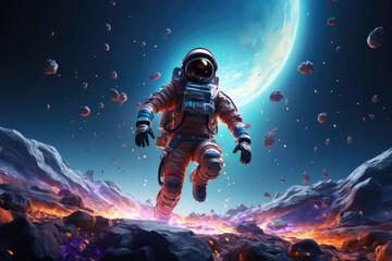 Astronaut cosmonaut walking on an unexplored planet