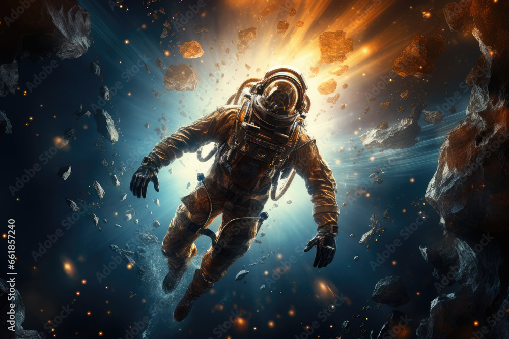 Poster astronaut cosmonaut walking on an unexplored planet