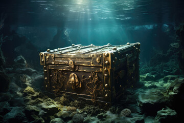 Old chest with golden treasures on the seabed