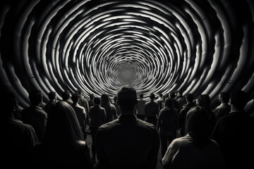 group of people watching a hypnotic pattern on the wall, the concept of manipulation of TV, internet, fake news, black and white