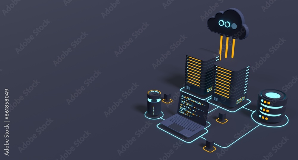 Poster cloud technology computing concept. modern cloud technology. data center isometric concept. 3d cloud