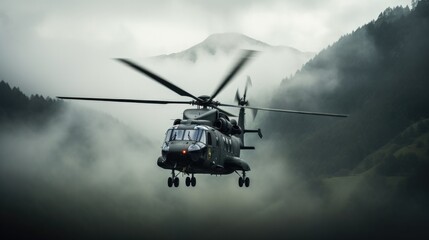 Fototapeta na wymiar Army helicopter flies over foggy mountains
