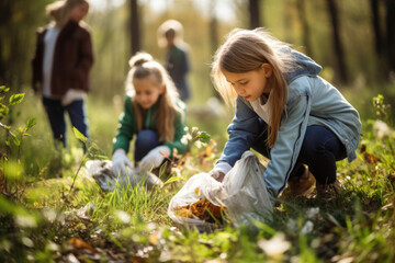 Volunteer children cleaning up trash in bags in the forest or park