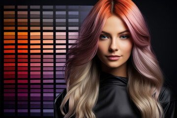 Woman on background with set of hair dye colors palette - obrazy, fototapety, plakaty