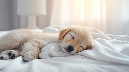 Golden retriever puppy sleeping in bed at home bedroom with window background - obrazy, fototapety, plakaty