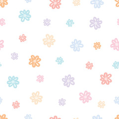 Baby seamless pattern Flower background randomly placed on a white background Hand drawn design in cartoon style, used for fabrics, textiles, gift wrapping, vector illustration.