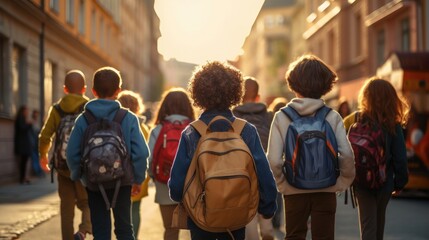 Back view of School children on the street