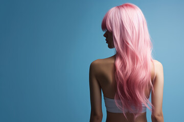 Woman with long trendy pink hair, view from the back. Copyspace for text