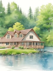 serene vacation lake house, watercolor painting| Watercolor Paint. Beautiful mountains and river natural attractions in Ratchaprapha Dam at Khao Sok, Surat Thani Province, Thailand.