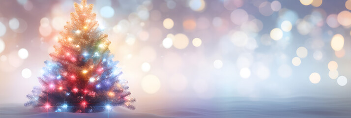 Obraz na płótnie Canvas Festive colorful lights Christmas tree in sparkle snow panorama banner