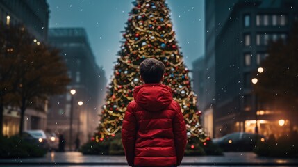 Fototapeta na wymiar Boy child standing next to a Christmas tree in the city
