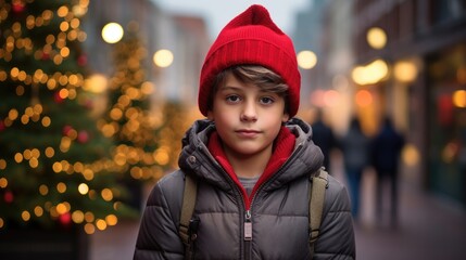 Boy child standing next to a Christmas tree in the city