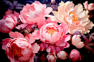 Beautyfull background with pink colorful peonies.Elegant bouquet of a lot of peonies of pink color close up.