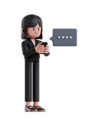 3d Illustration of Cartoon Businesswoman Typing Message on Cell Phone