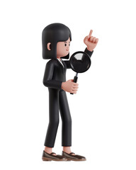 3d Illustration of Cartoon Businesswoman holding a magnifying glass looking for business solutions