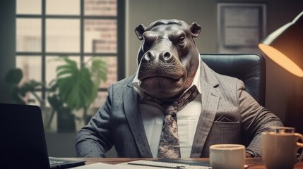Businessman hippopotamus sitting at office with eyeglasses - obrazy, fototapety, plakaty