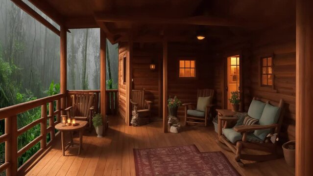 wood cabin with rain forest night