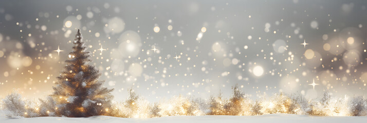 Fototapeta na wymiar Festive lights Christmas tree in gold sparkle snow panorama banner