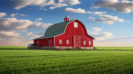 Obraz premium Classic red barn with green wheat field